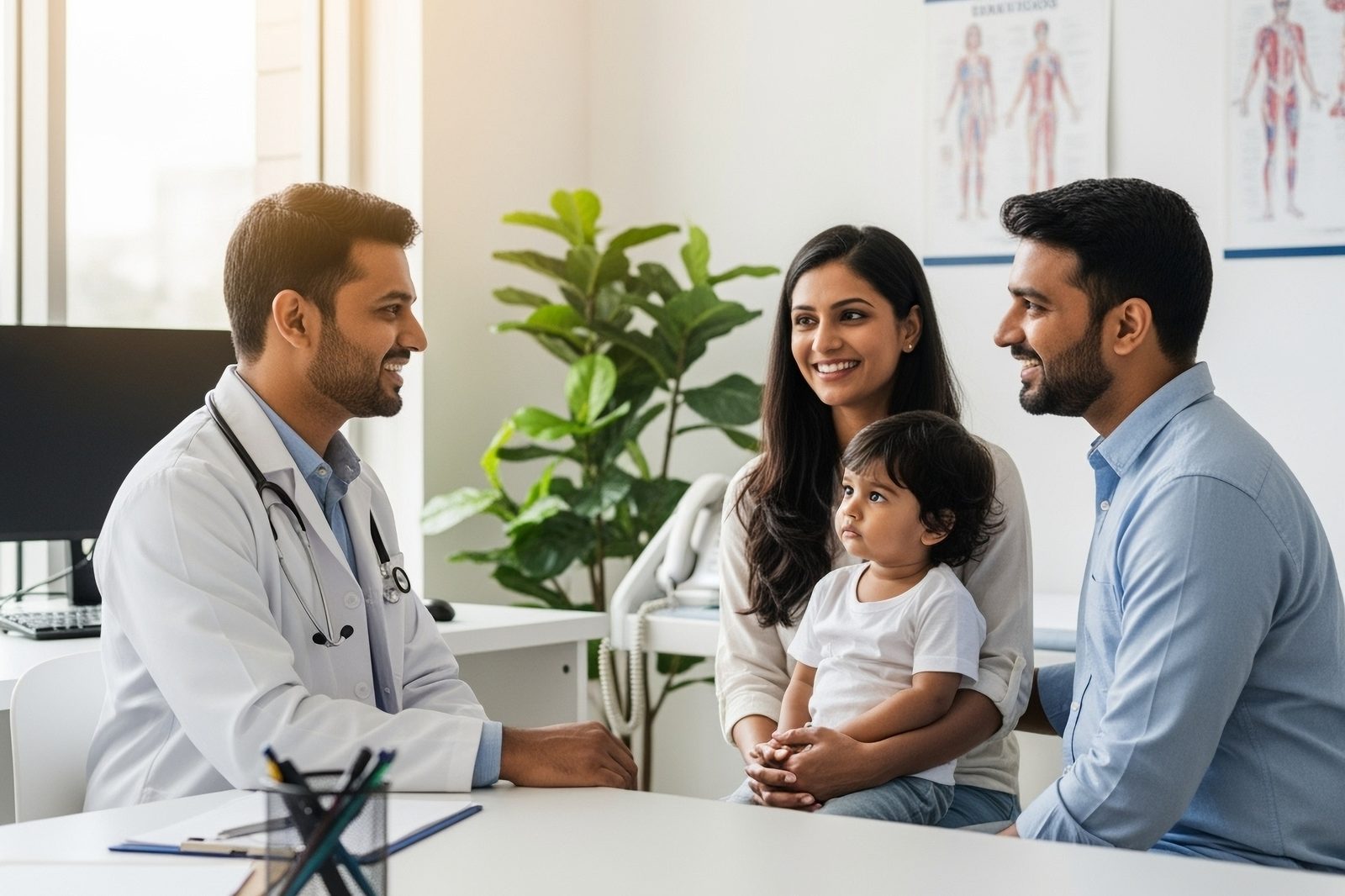 A doctor talking with a family and their young child in a bright clinic room